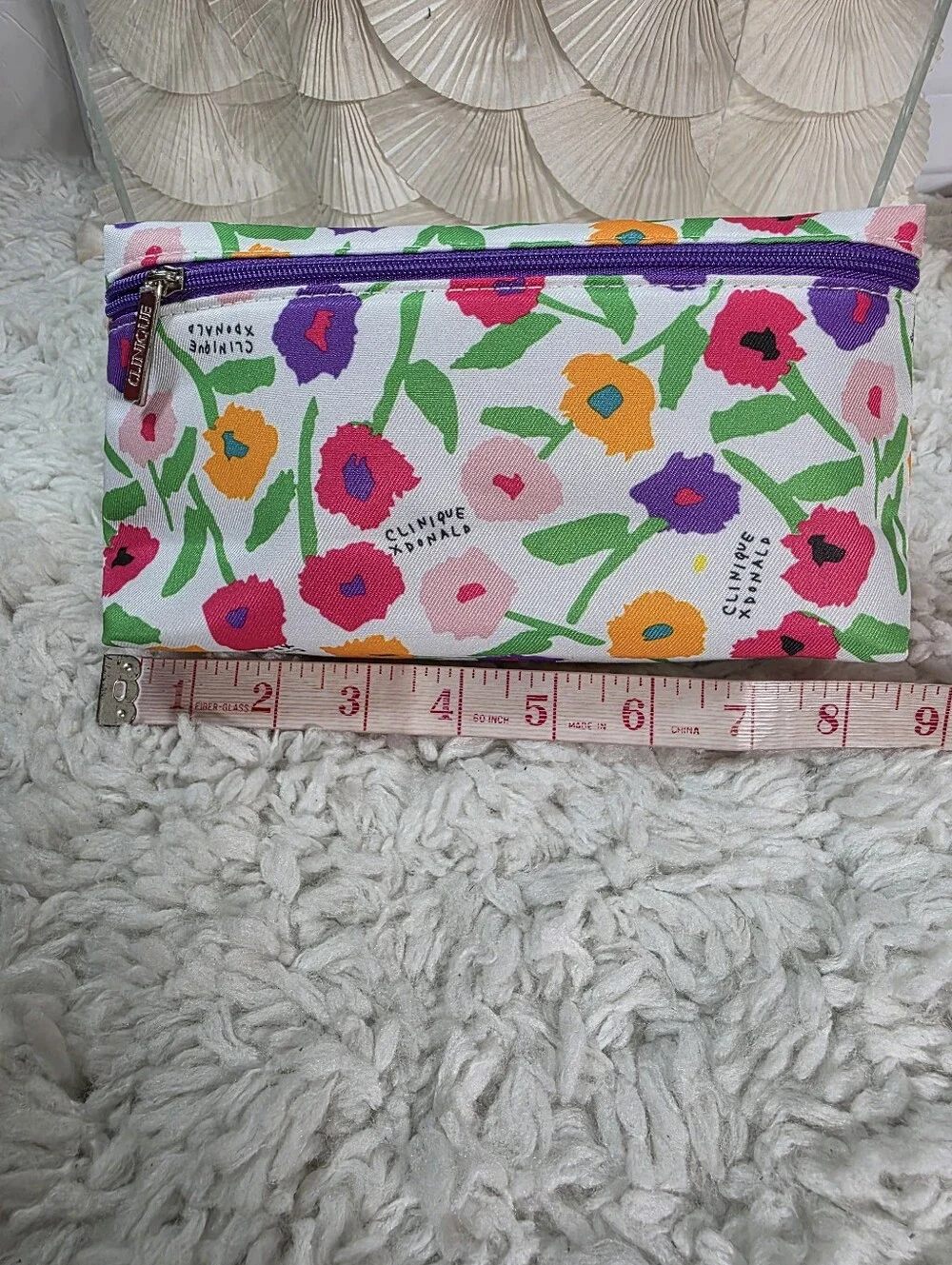 Clinique Floral Cosmetic Bag in White with Pink, Purple & Orange Blooms
